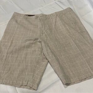 Perry Ellis Plaid  tan white Casual Chino flat front  Men's Cotton Shorts Sz 38